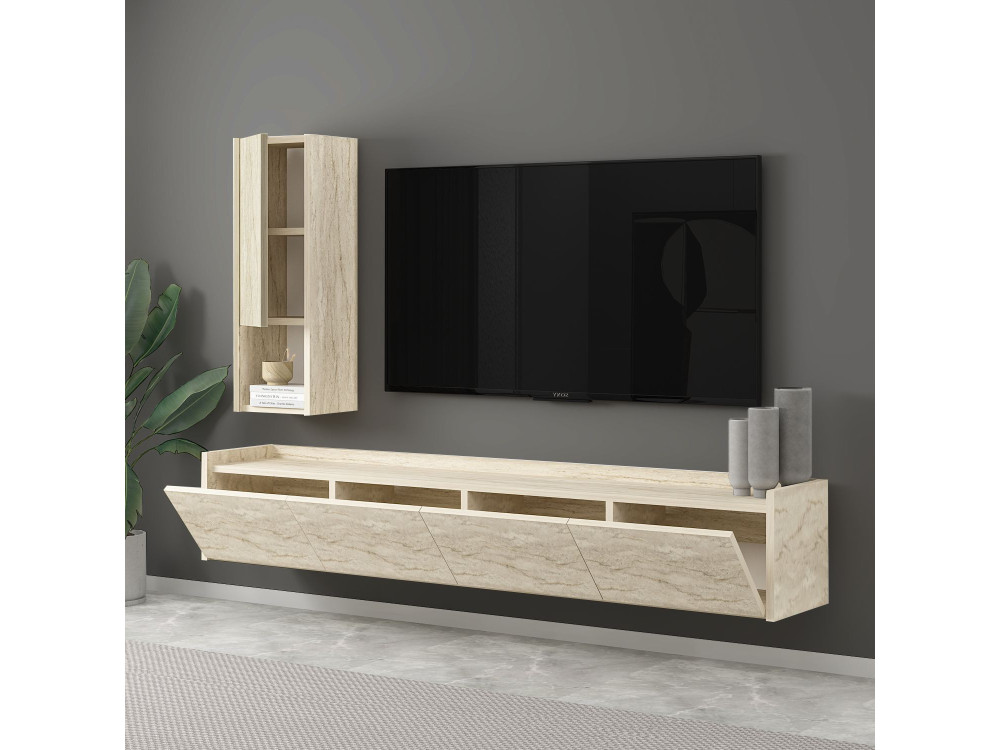 TV-Möbel mit Wandregal aus Holz "Sema" - 160 x 30 x 35 cm - Travertin