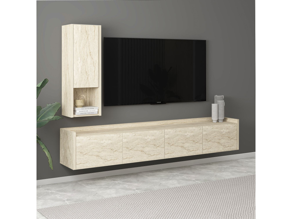 TV-Möbel mit Wandregal aus Holz "Sema" - 160 x 30 x 35 cm - Travertin