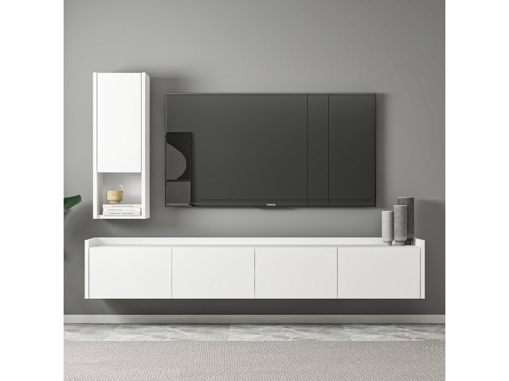 TV-Möbel mit Wandregal aus Holz "Sema" - 160 x 30 x 35 cm - Weiß