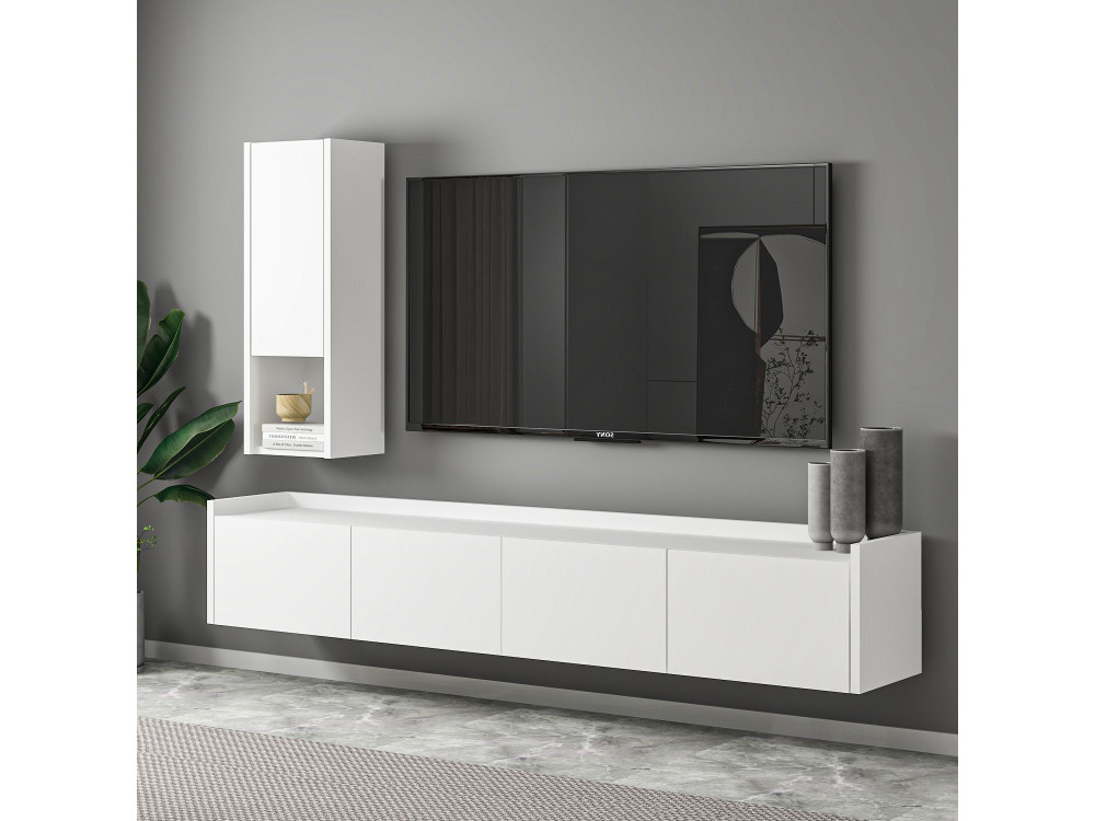 TV-Möbel mit Wandregal aus Holz "Sema" - 160 x 30 x 35 cm - Weiß