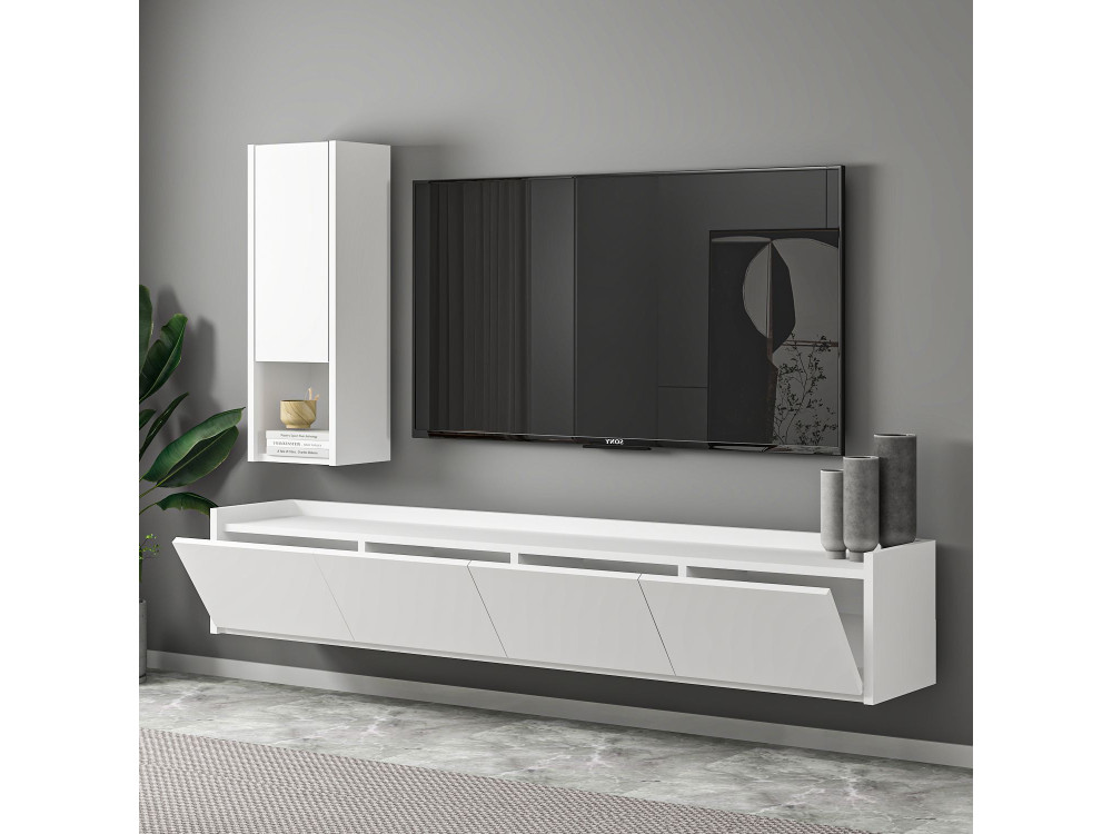 TV-Möbel mit Wandregal aus Holz "Sema" - 160 x 30 x 35 cm - Weiß