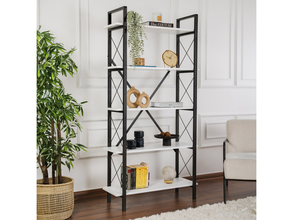 Bücherregal Elysian aus Holz – 90 x 33 x 180 cm – Weiß und Schwarz