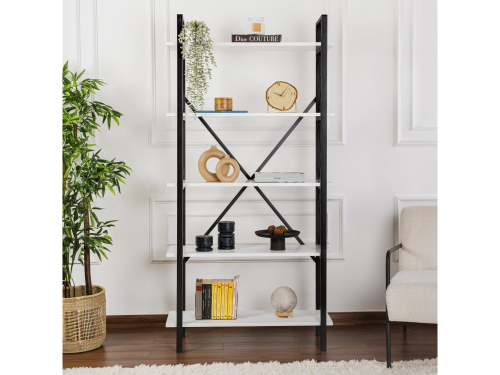 Bücherregal Elysian aus Holz – 90 x 33 x 180 cm – Weiß und Schwarz