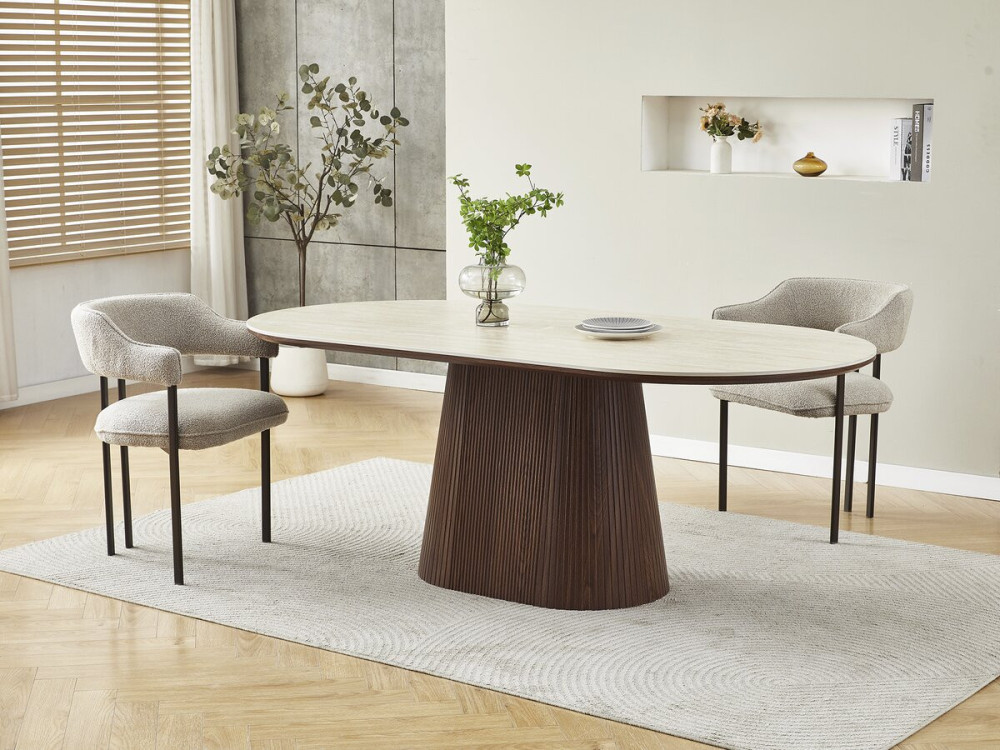 Ovaler Esstisch aus Stein und Holz "Portofino" - 8 Sitzplätze - Travertin und braun