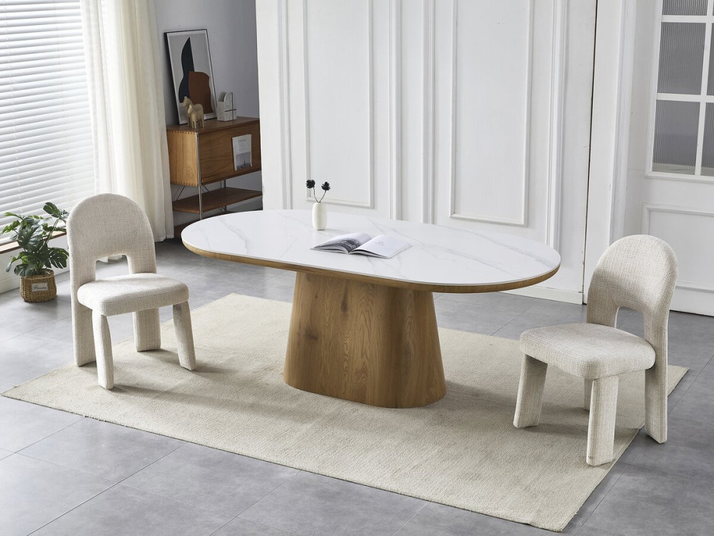 Ovaler Holz-Esstisch aus Keramik "Bellagio" - 8 Plätze - Weiß und Braun