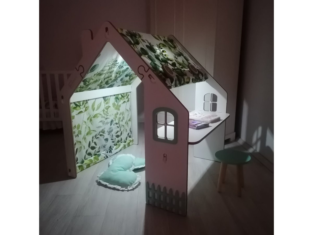 Holzhaus für Kinder "Bianelli" mit Schreibtisch - 114 x 93 x 120 cm - Weiß / Mintfarben
