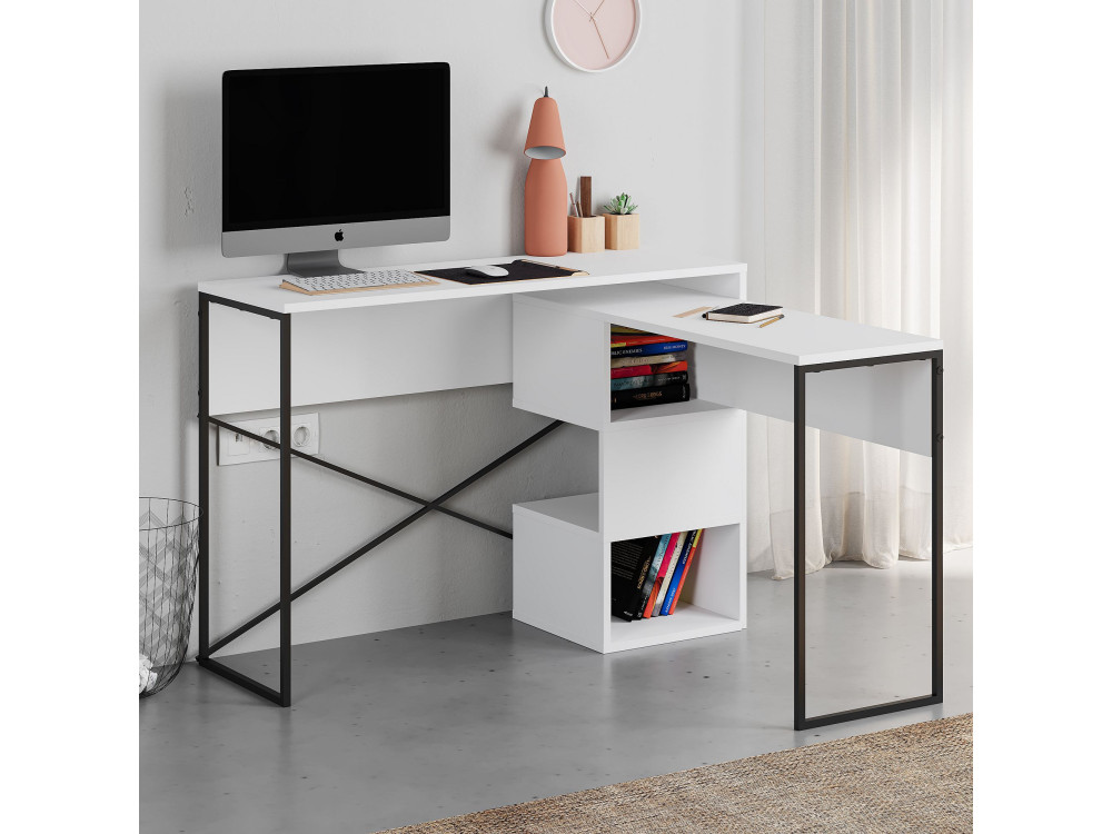 Modularer Holzschreibtisch "Badau" - 110 x 102 x 77 cm - Weiß