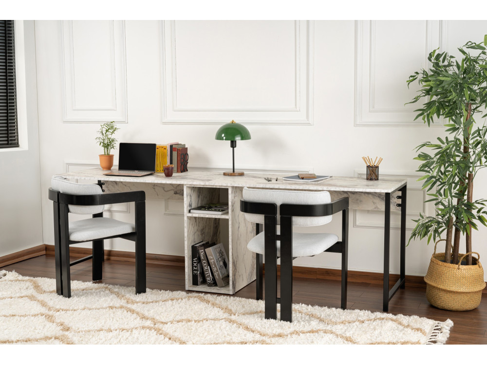 Doppelschreibtisch mit 2 Holzregalen "Twin" - 240 x 60 x 74 cm - Weiß marmoriert