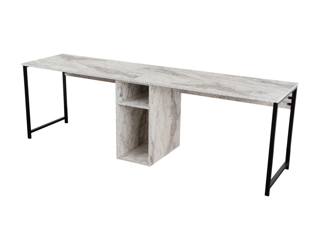Doppelschreibtisch mit 2 Holzregalen "Twin" - 240 x 60 x 74 cm - Weiß marmoriert