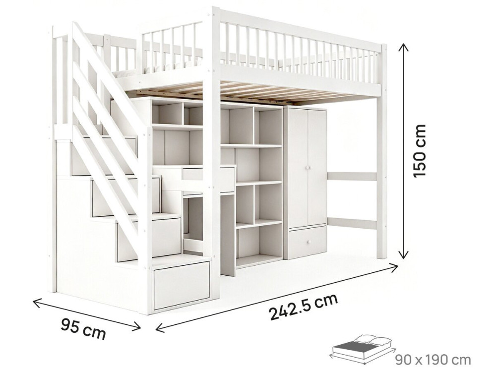Hochbett aus Holz mit Ankleidebereich und integriertem Schreibtisch „Amélia“ – 90 x 190 cm – Weiß