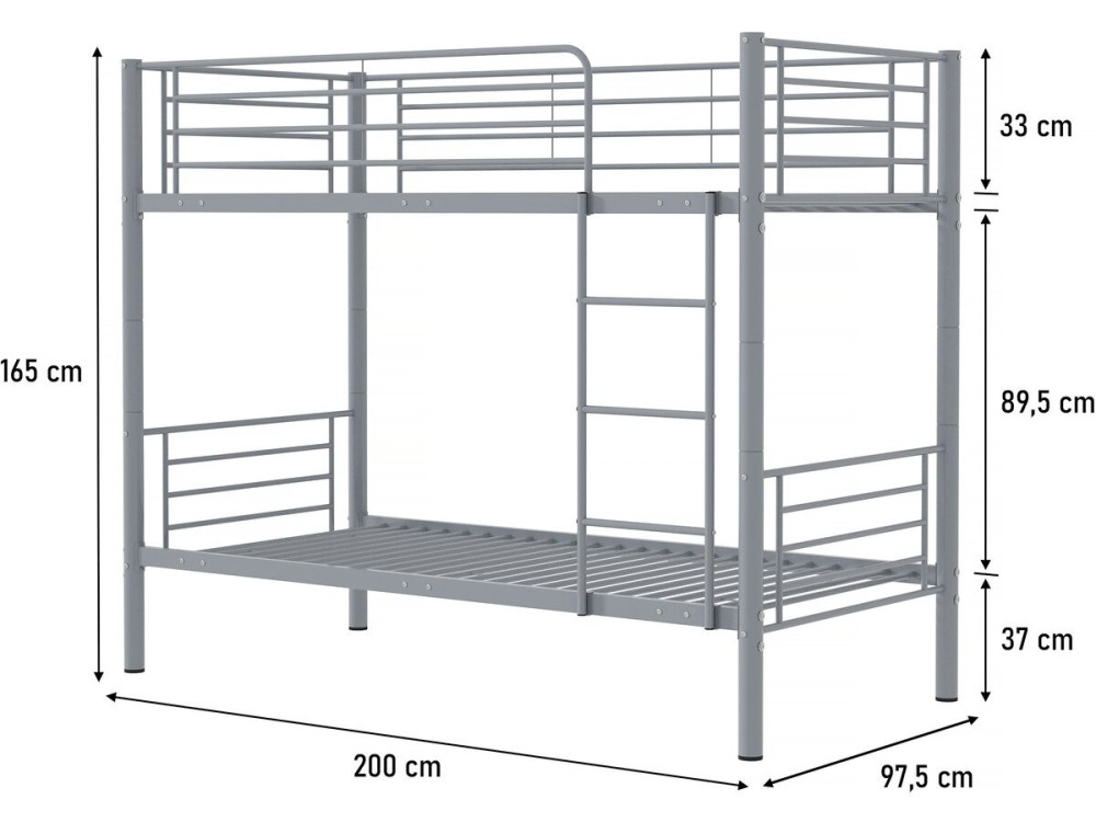 Etagenbett „ADAM“ -  90 x 190 cm - Metall - Grau