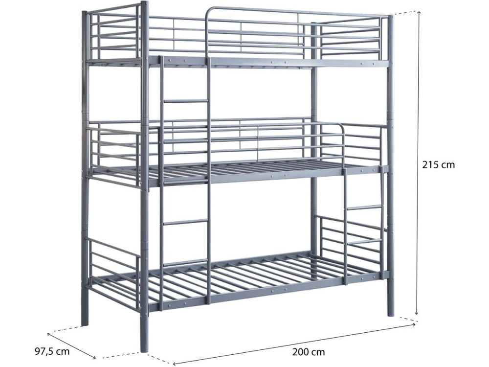3-Etagenbett aus Metall "HAVIN" - 90 x 190 cm - Grau