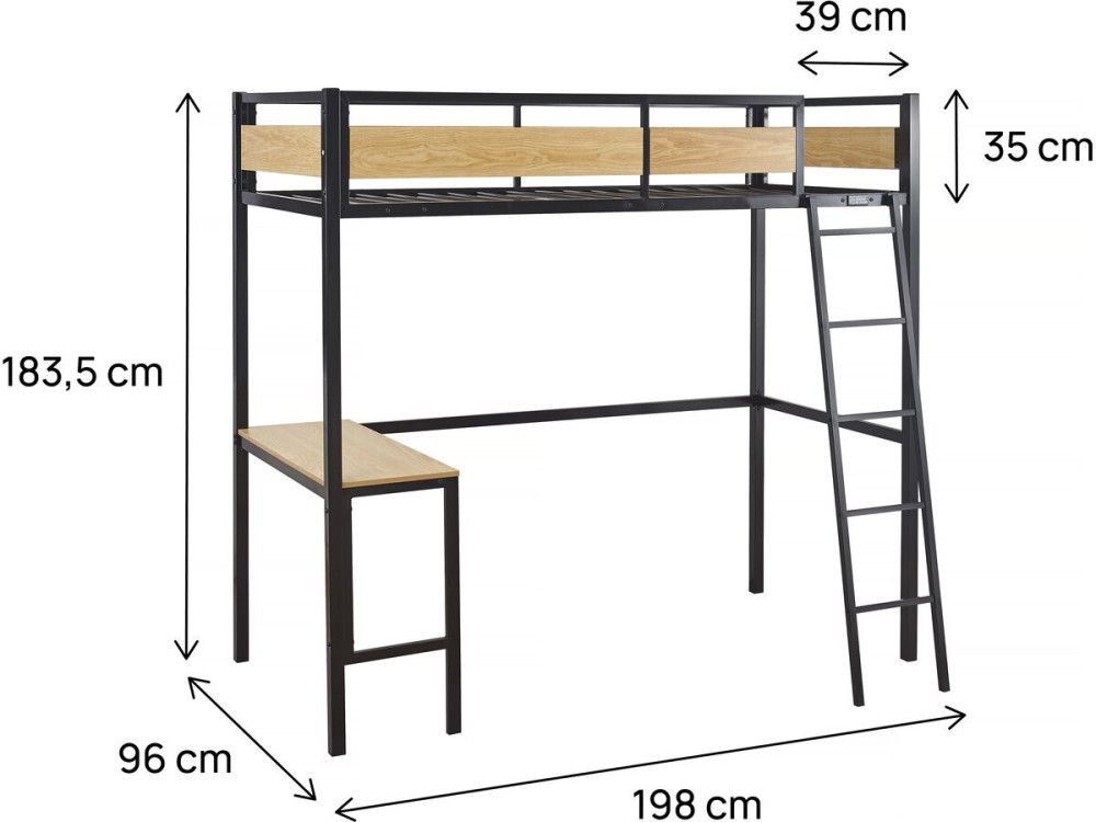 Hochbett mit Schreibtisch "Ethan" - 90 x 190 cm - Schwarz