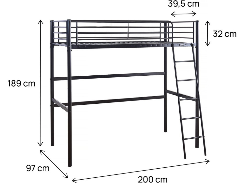 Hochbett aus Metall "Alora" - 90 x 190 cm - Schwarz