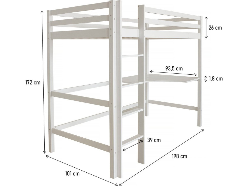 Kinderbett Mezzanine mit Schreibtisch "Angéla" 190 x 90 cm - Weiß