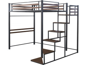 Metall-Hochbett mit Treppe "LENA" - 140 x 200 cm - Schwarz und Walnussbraun