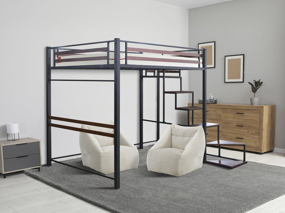 Metall-Hochbett mit Treppe "LENA" - 140 x 200 cm - Schwarz und Walnussbraun