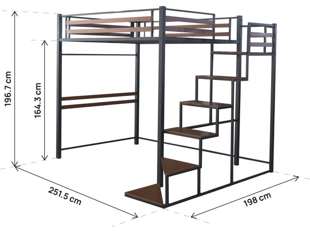 Metall-Hochbett mit Treppe "LENA" - 140 x 200 cm - Schwarz und Walnussbraun