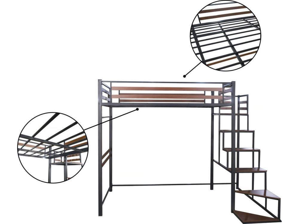 Metall-Hochbett mit Treppe "LENA" - 140 x 200 cm - Schwarz und Walnussbraun