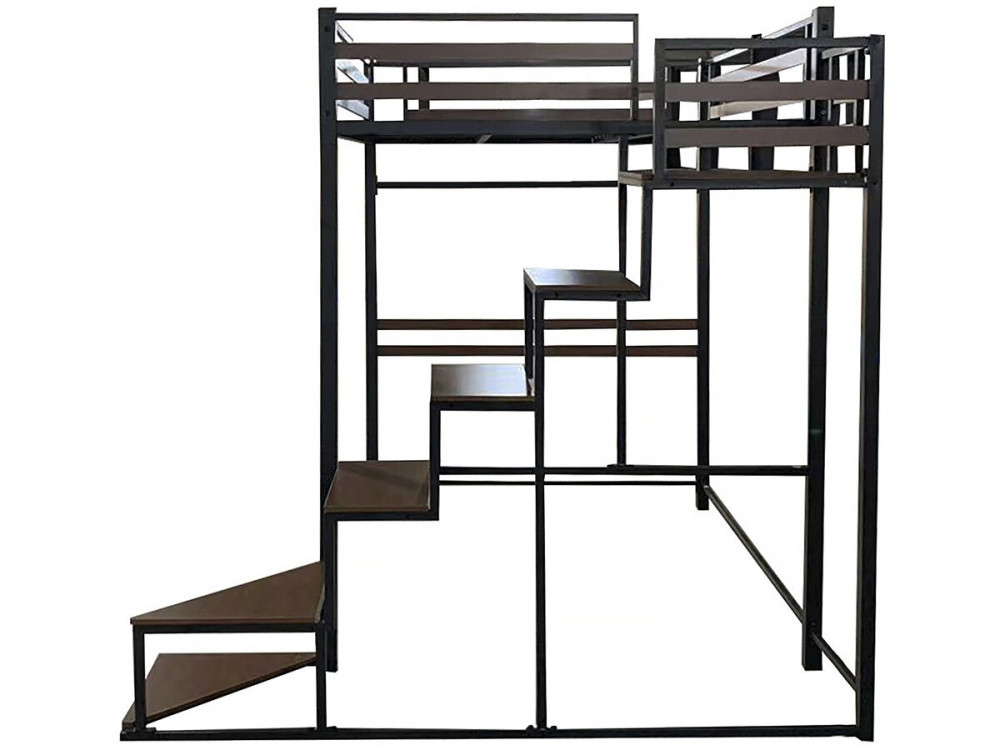 Metall-Hochbett mit Treppe "LENA" - 140 x 200 cm - Schwarz und Walnussbraun