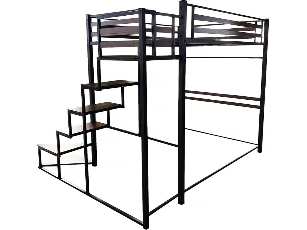 Metall-Hochbett mit Treppe "LENA" - 140 x 200 cm - Schwarz und Walnussbraun