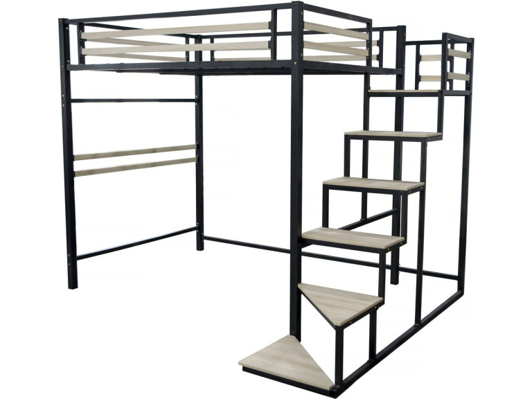 Hochbett aus Metall mit Treppe "LENA" - 140 x 200 cm - Schwarz