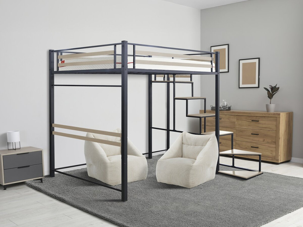 Hochbett aus Metall mit Treppe "LENA" - 140 x 200 cm - Schwarz