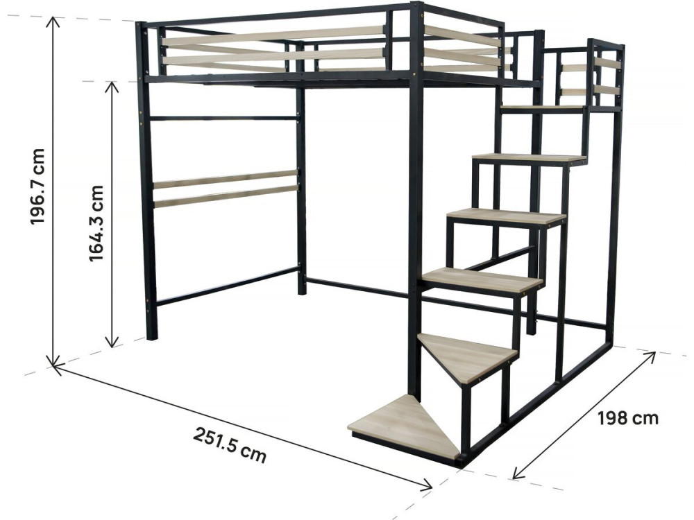 Hochbett aus Metall mit Treppe "LENA" - 140 x 200 cm - Schwarz
