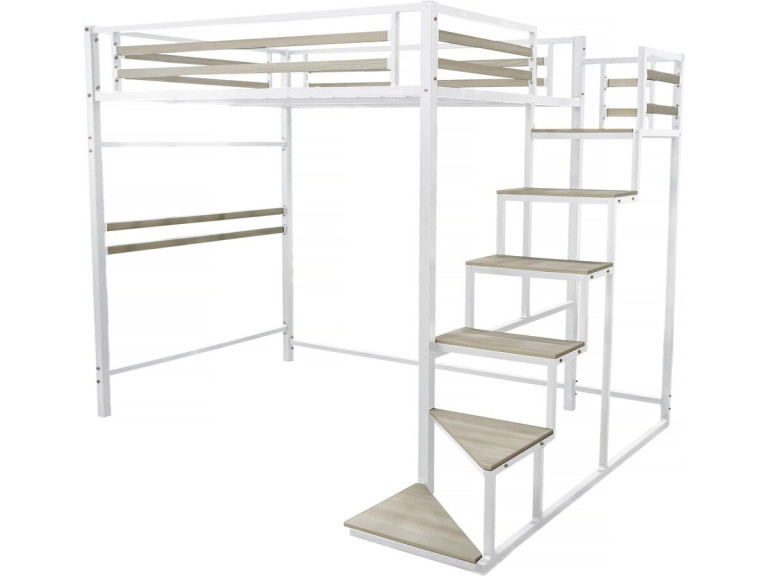 Metall-Hochbett mit Treppe "LENA" - 140 x 200 cm - Weiß