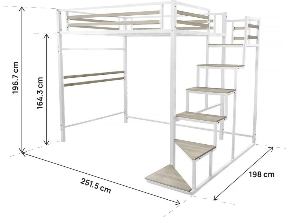Metall-Hochbett mit Treppe "LENA" - 140 x 200 cm - Weiß