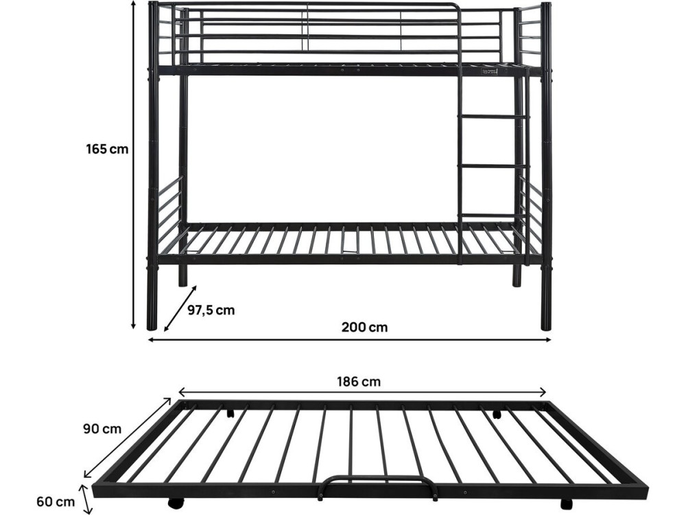 Etagenbett mit Ausziehbett „ADAM” – 90 x 190 cm – Metall – Schwarz