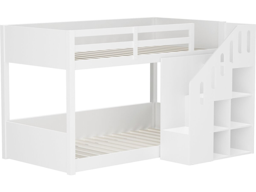 Holz-Etagenbett mit Treppe und Stauraum „Léana“ – 90 x 190 cm – Weiß