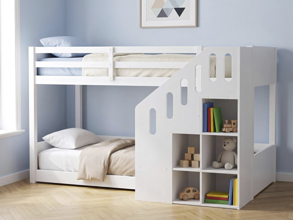 Holz-Etagenbett mit Treppe und Stauraum „Léana“ – 90 x 190 cm – Weiß