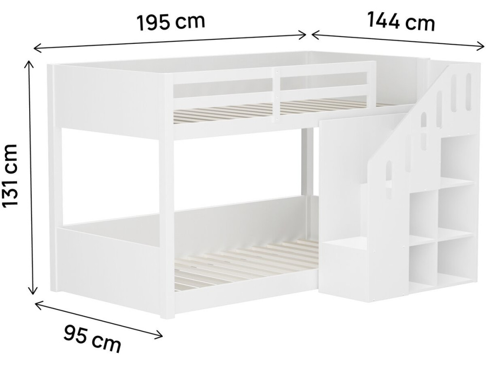 Holz-Etagenbett mit Treppe und Stauraum „Léana“ – 90 x 190 cm – Weiß
