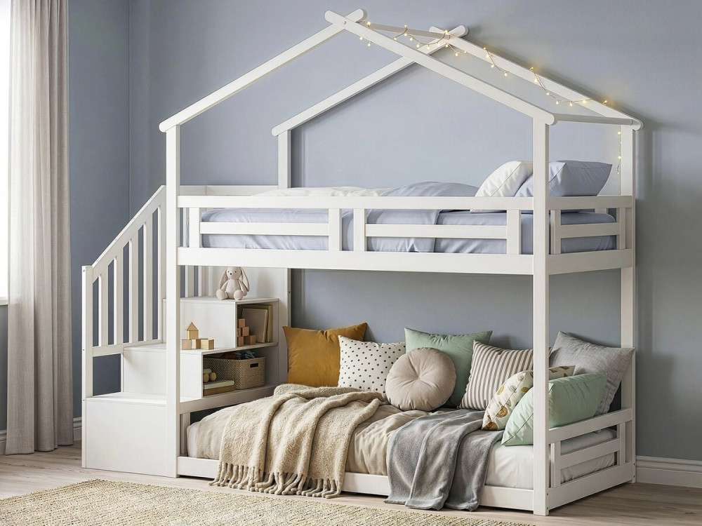Etagenbett im Baumhausstil mit Holztreppe „Oriana“ – 90 x 190 cm – Beige