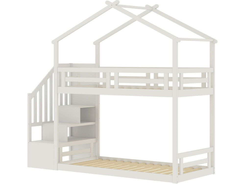 Etagenbett im Baumhausstil mit Holztreppe „Oriana“ – 90 x 190 cm – Beige