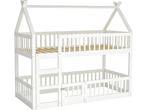 Holz-Etagenbett im Hüttenstil mit Leiter „Laith“ – 90 x 190 cm – Weiß