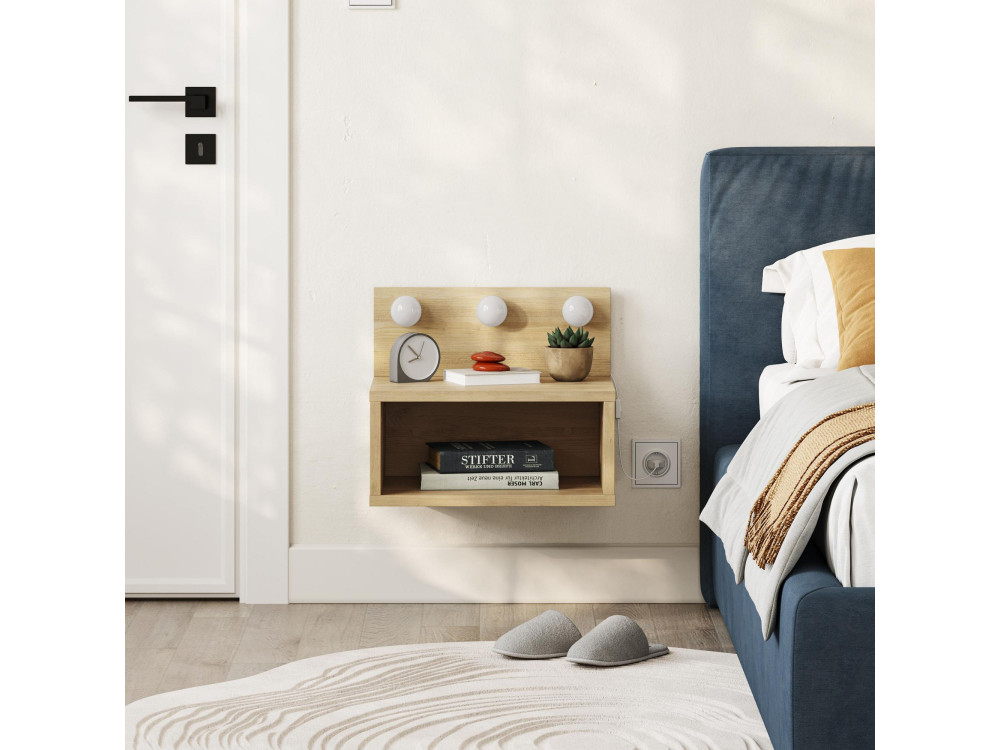 Nachttisch mit Glühbirne aus Holz "Treo" - 40 x 30 x 34 cm - Beige