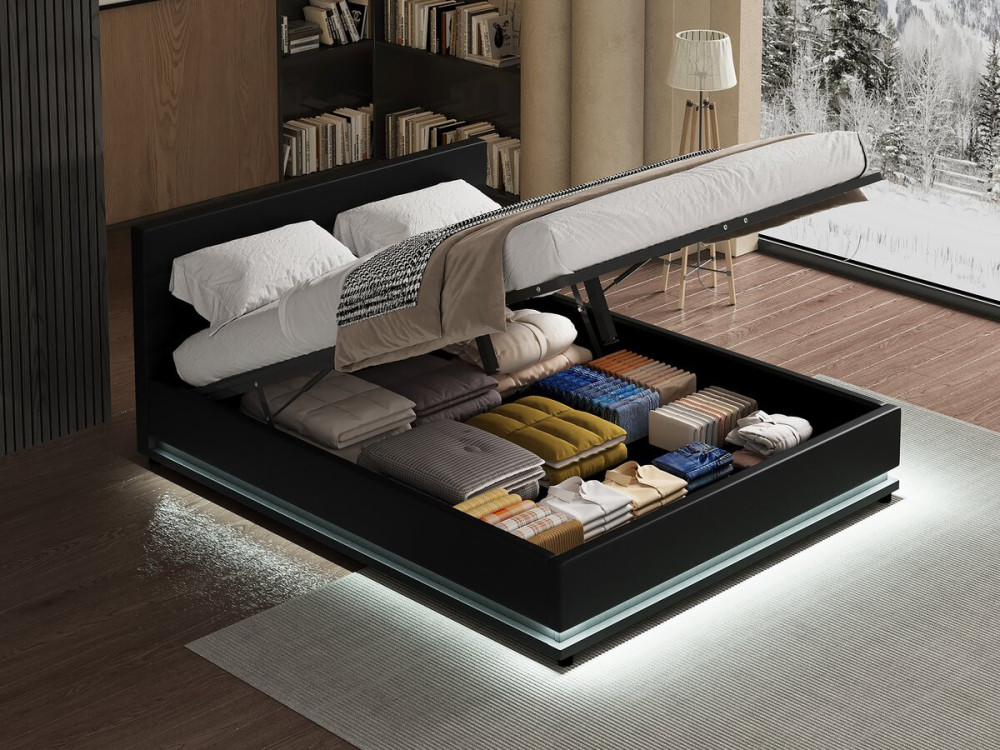 Bett mit LED und Bettkasten "Anastasia" - 140 x 190 cm - Schwarz