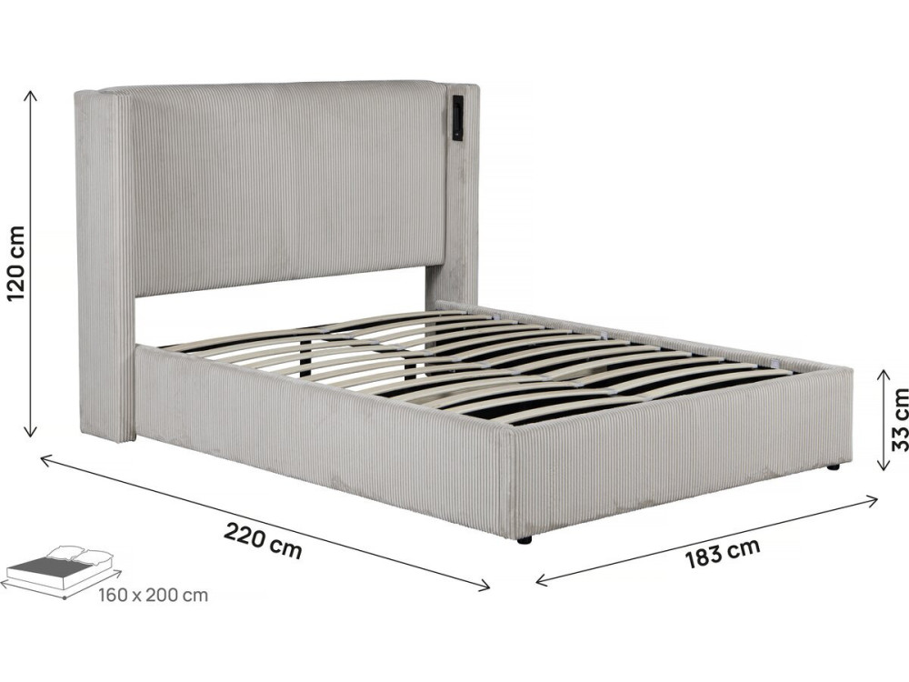 Doppelbett aus Cord mit Bettkasten und integrierter Lampe "Cortina" - 160 x 200 cm - Beige