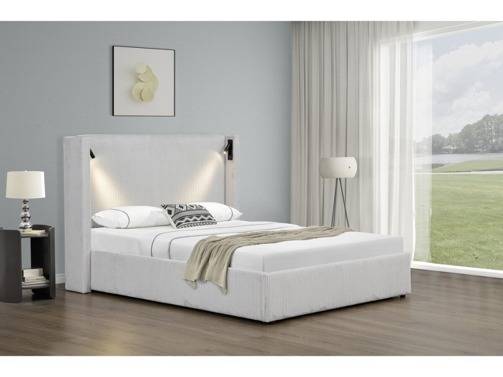 Doppelbett aus Cord mit Bettkasten und integrierter Lampe "Cortina" - 140 x 190 cm-  Beige