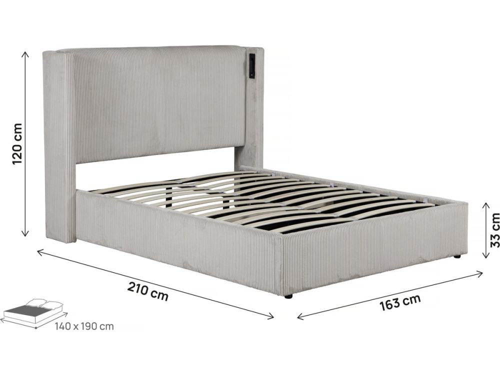 Doppelbett aus Cord mit Bettkasten und integrierter Lampe "Cortina" - 140 x 190 cm-  Beige