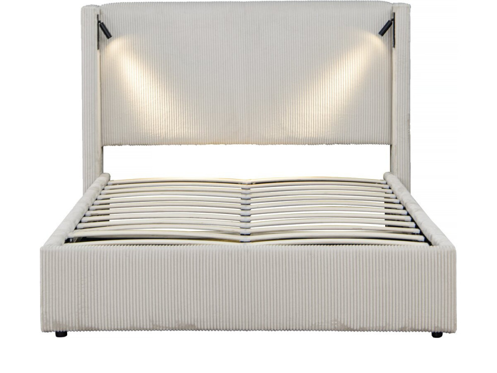 Doppelbett aus Cord mit Bettkasten und integrierter Lampe "Cortina" - 140 x 190 cm-  Beige
