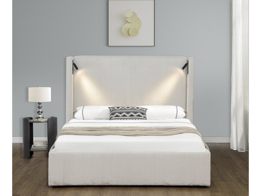 Doppelbett aus Cord mit Bettkasten und integrierter Lampe "Cortina" - 140 x 190 cm-  Beige