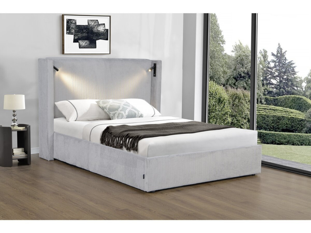 Doppelbett aus Cord mit Bettkasten und integrierter Lampe "Cortina" - 160 x 200 cm - Grau