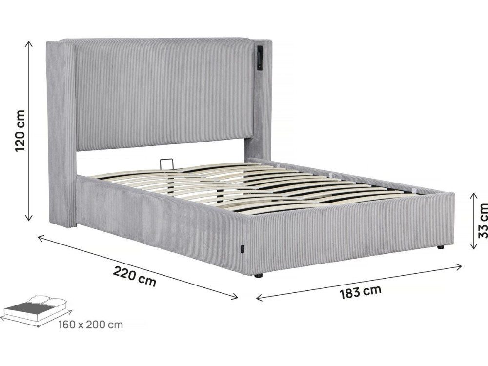 Doppelbett aus Cord mit Bettkasten und integrierter Lampe "Cortina" - 160 x 200 cm - Grau