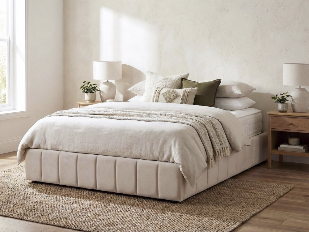 Doppelbett aus Samt mit Bettkasten "Meribel" - Beige - 140 x 190 cm
