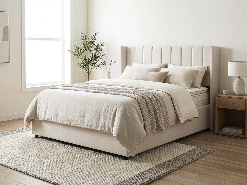Doppelbett aus Leinen mit Bettkasten "St. Moritz". - 140 x 190 cm - Beige