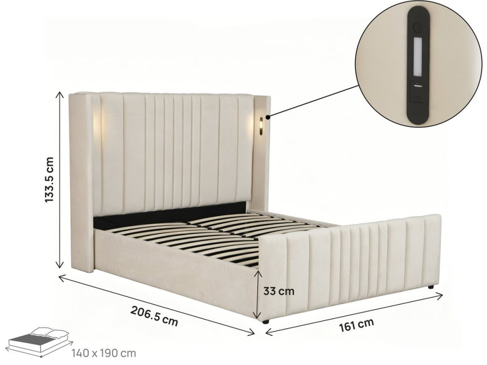 Doppelbett mit integriertem Stoffstauraum und Lampen „Verbier“ – 140 x 190 cm – Beige