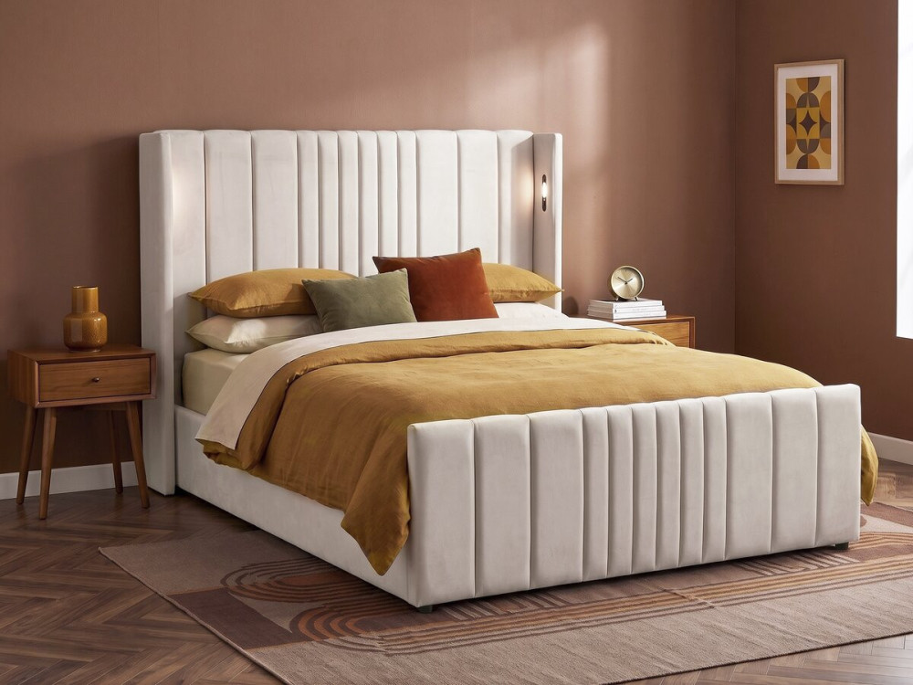 Doppelbett mit integriertem Stoffstauraum und Lampen „Verbier“ – 160 x 200 cm – Beige